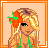 Pixel art contact sheet of a blonde woman in bikini with flower headpiece across 8 frames showing animation sequence and text panels.