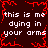 Dark red background with red pixelated splatter effects and repeated white text reading 'this is me dying in your arms' in a pattern