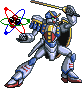 Pixelated mecha robot in silver, blue, and red armor holding a sword above its head with left hand while right hand grips shield; atomic symbol floats near shoulder.