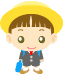 Pixelated cartoon character with yellow hat, brown hair, green eyes, red tie, dark gray outfit, blue backpack, and brown shoes on light gray background.