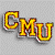 Pixelated yellow letters C, M, U with brown and green accents on a gray checkered background, casting a gray shadow.