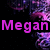 Pixelated image with pink text 'Megan' on black background, surrounded by purple and blue pixel clusters.