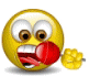 Yellow circular emoji with brown eyes and red mouth holding a red apple, showing varied facial expressions