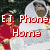 Animated sequence showing two figures in red and white clothing with text overlay changing from 'E.T. Phone Home' to 'E.T. Phone Home' on a blurred background.