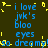 Pixelated text in blue and yellow on dark background repeats 'i love jvk's bloo eyes so dreamy!'