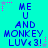 Pixelated cyan background with blue text reading "ME U AND MONKEY LUV< 3!" repeated in a , surrounded by pink and gray star-shaped pixel clusters