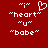 Red background with white pixelated text and symbols: "heart" with a heart symbol, "u", and "babe" in two identical side-by-side arrangements.