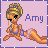 Pixel art of a character with blonde hair in a bun, green eyes, and a blue outfit, sitting with legs spread on a light purple background with the name 'Amy' in blue text.
