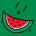 Pixelated watermelon slice with red flesh, black seeds, and green rind against solid green background; three small pixel clusters above the fruit.