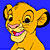 Pixelated cartoon lion cub with golden-yellow fur, pink nose, and open mouth showing red tongue against solid blue background.