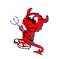 Red devil character with striped body, horns, tail, and blue trident in various poses including upside-down, standing, and holding a red-and-white object.
