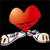 A pixelated heart with gradient red-orange coloring sits above crossed white and beige objects with pink accents on a black background.