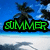 Pixelated beach scene with palm trees and blue sky, displaying animated text 'SUMMER of '09' in green block letters.