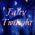 Blue background with white speckles and vertical dark lines; light pink text reads 'Fallin Twilight The Realm Of The Fair' in cursive script.