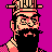 Pixel art portrait of a bearded character with glasses and a hat against a solid purple background, rendered in 48x48 pixels with limited color palette.