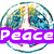 A circular icon with a peace symbol overlaying a globe, overlaid by purple banner text reading "Peace".