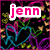 Pixelated icon with pink text 'jenn' and 'ily', heart shapes, and a '<3' symbol on a black background with colorful patterns.