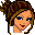 Pixel art avatar of a woman with brown hair in a messy bun, blue eyes, and peach skin, showing four distinct facial expressions across a