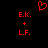 Red pixelated text and symbols on black background: 'E.K.' above '+' above 'L.F.', with red heart symbol at top center.