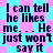 Pixelated text on a cyan and pink background repeats the phrase "I can tell he likes me... He just won't say it" in four identical