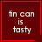 Four red-bordered squares on dark red background display 'fin can is tasty' text with one square having a heart and another a star symbol.