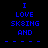 Blue pixelated text on black background with white rectangular overlays shifting across of 'I LOVE SKIING AND' and dashed lines
