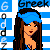 Pixel art contact sheet showing three frames of a Greek-themed animated buddy icon with a female character in blue attire against striped background.