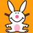 Pixelated white bunny icon with pink nose and belly, blue eyes, black outlines on orange background.