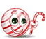 A circular red-and-white striped candy icon with green eyes and a smiling mouth, holding a curved candy cane in its right hand.