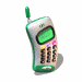 Six views of a green and silver mobile phone with antenna, screen displaying '12:34', keypad buttons in yellow purple pink black, arranged in two on white background