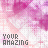 Animated sequence of pink and white pixelated text 'YOUR AMAZING' fading into partial fragments across a repeating geometric background.