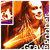 Animated icon of a woman with long brown hair in a gold dress, smiling with mouth open, against a purple and white patterned background.