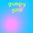 Pixelated text 'gumpy gills' in yellow-green on blue background with pink circular glow and dotted line animation.