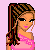 Pixel art contact sheet showing three frames of a female character in pink and blue attire with braided hair, holding a pink purse against a light pink background.
