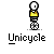 A 4x4 contact sheet of pixel art unicycle animation frames showing a stick figure performing various unicycling poses with yellow shirt and black shorts on gray background.