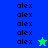 Pixelated with 'alex' text repeated vertically on blue and green backgrounds, featuring two distinct star icons