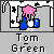 Pixel art icon shows a character with pink hair and blue clothing holding a blue object with a yellow square, set against a gray background with black-and-white abstract shapes.