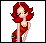 Pixel art of a red-haired woman in a red dress with a brown strap, standing against a white background, accompanied by red text reading "Im such a BITCHy freak AND PROUD" in three sections.
