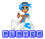 Pixel art character with blue bandana and glasses holding a microphone, standing on white clouds above 'PLAYER' text blocks.