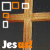 A pixelated image of a wooden cross with orange and white square outlines, featuring the text 'Jes us!' in mixed white and orange lettering at the bottom.