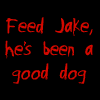 Black background with red handwritten text and two photos of a black dog lying on carpet.