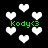 Black background with white pixelated hearts and green text reading "Kody<3" in four locations, some hearts blurred or distorted.
