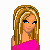 Pixel art character with long blonde hair, blue eyes, and a pink off-shoulder top, shown in multiple views including full-body and close-up.