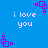Blue background with repeated white text 'i love you' and purple pixelated square patterns in corners and center.