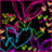 Pixelated abstract composition with swirling magenta, cyan, green, and yellow lines against a black background.