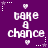 Purple background with white pixelated text 'take a chance' and small heart/star symbols in two , each containing three identical arrangements