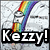A pixelated image shows a rainbow arching over a white figure with text reading 'Kezzy!' in bold letters, displayed on two adjacent