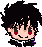Pixel art character with black spiky hair, red eyes, and a small mouth in three distinct expressions against gray background.