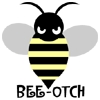 Static pixel art icon of a bee mascot with closed eyes and striped body, featuring text below the insect.