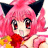 Pixelated anime-style character with pink hair and black cat ears, red eyes, red scarf, yellow shoulder accents, against black background with white text "Anime IM" and "c0m"